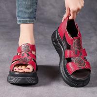 1152嫔妃丽人头层牛皮民族风鱼嘴女复古风坡跟厚底镂空增高舒适休闲凉鞋（印花小星升级版）