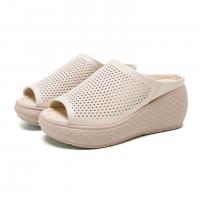 51866嫔妃丽人头层牛皮舒适厚底镂空坡跟简约时尚小个子增高女士凉拖鞋（小孔拖鞋）