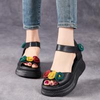 1158嫔妃丽人头层牛皮厚底田园风复古罗马风女士魔术贴鱼嘴厚底凉鞋（三朵凉鞋）