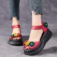 1158嫔妃丽人头层牛皮厚底田园风复古罗马风女士魔术贴鱼嘴厚底凉鞋（三朵凉鞋）