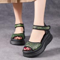 1158-1嫔妃丽人头层猪皮厚底舒适百搭复古波西米亚风格魔术贴露趾破格增高凉鞋（丽花凉鞋）