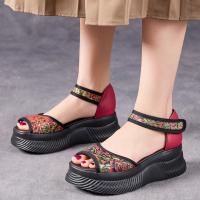 1158-1嫔妃丽人头层猪皮厚底舒适百搭复古波西米亚风格魔术贴露趾破格增高凉鞋（丽花凉鞋）