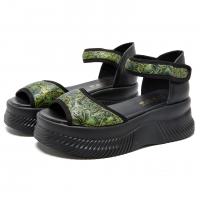 1158-1嫔妃丽人头层猪皮厚底舒适百搭复古波西米亚风格魔术贴露趾破格增高凉鞋（丽花凉鞋）