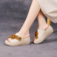 15866-1嫔妃丽人头层牛皮时尚厚底花朵复古简约风民族个性文艺增高露趾女士拖鞋（太妃玫瑰拖鞋）
