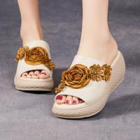 15866-1嫔妃丽人头层牛皮时尚厚底花朵复古简约风民族个性文艺增高露趾女士拖鞋（太妃玫瑰拖鞋）