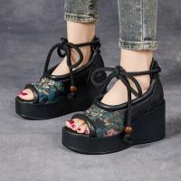 86016嫔妃丽人头层牛皮舒适新中式波西米亚复古风厚底舒适特色绑带鱼嘴凉鞋（蕴染凉鞋）