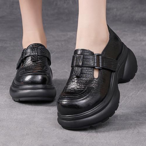 526132嫔妃丽人头层牛皮厚底舒适四季百搭小个子增高休闲复古女士单鞋（细纹单鞋）