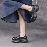 526132嫔妃丽人头层牛皮厚底舒适四季百搭小个子增高休闲复古女士单鞋（细纹单鞋）